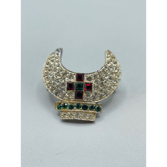 Signed ORA Vintage Crown Pin Brooch Rhinestones Pave Pot Metal 1940s Costume Pin - Picture 4 of 10